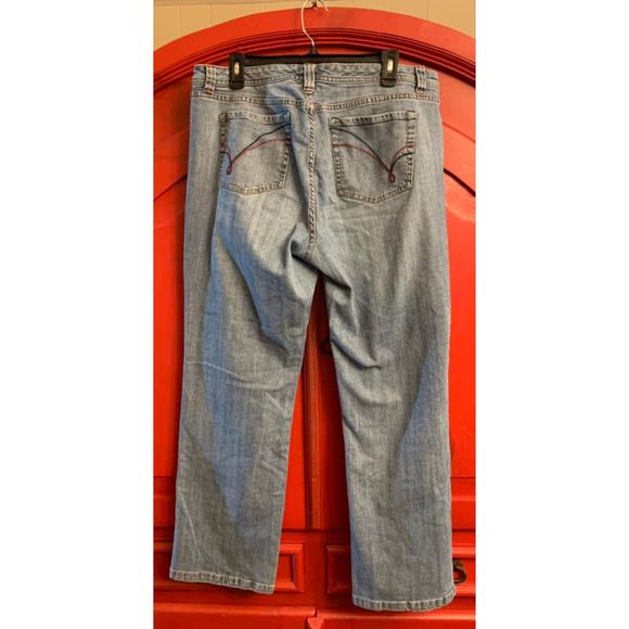 Venezia 18 Average Medium Blue Wide Leg Denim Jeans Red Stitching Stretch EUC - Picture 2 of 4